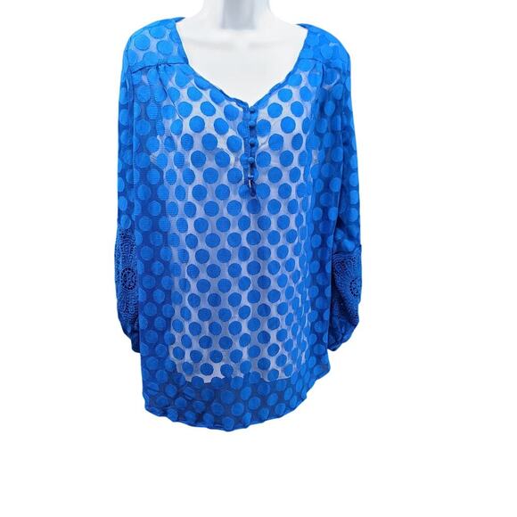 Alfani Crochet sleeve detail polka-a-dot Woman blouse blue Size 1X Office boho - Picture 1 of 7